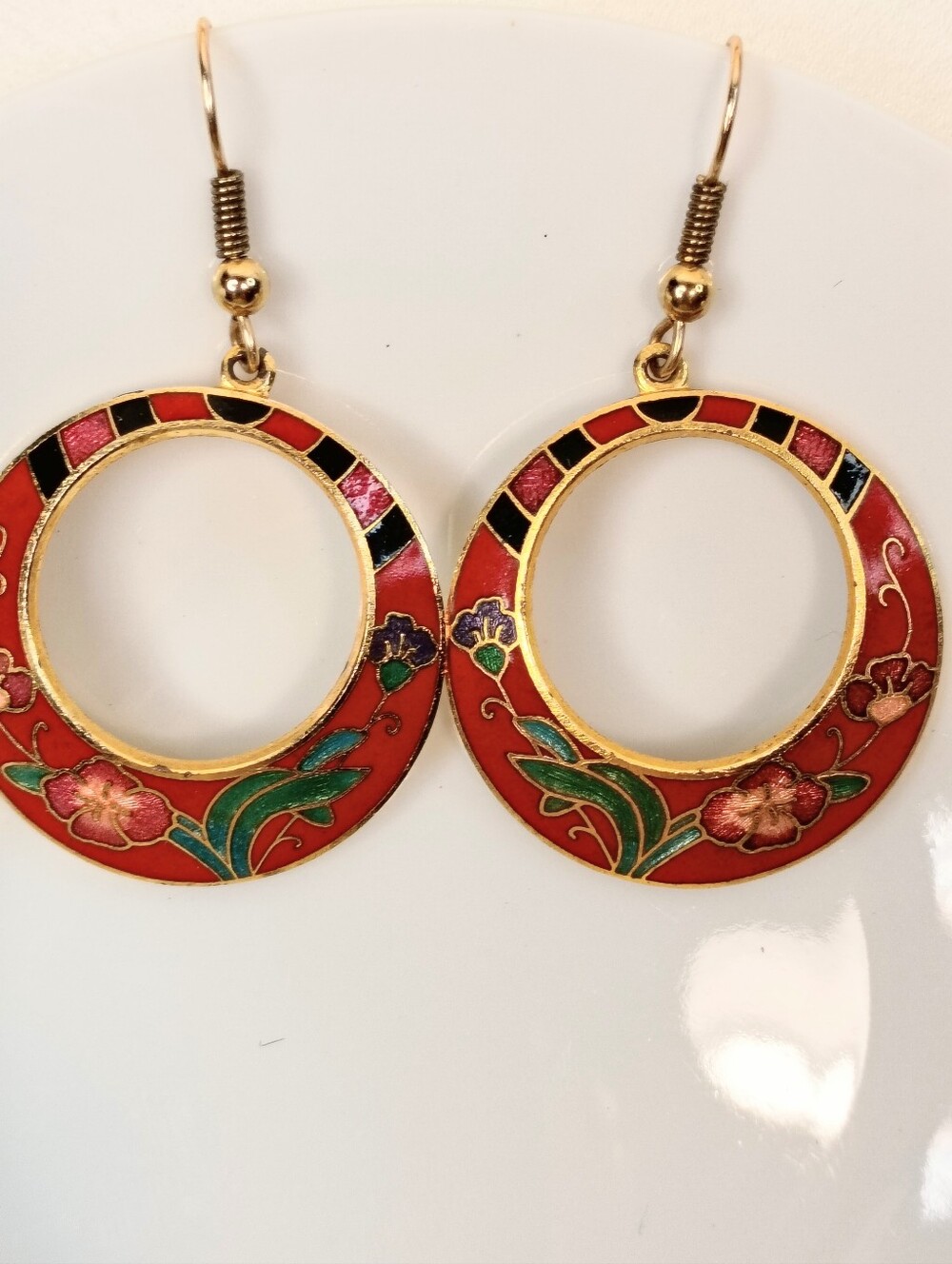 Cloisonné Red Floral Hoop Earrings